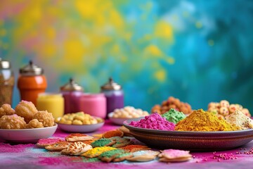 The vibrant array of traditional Holi foods and sweets, set against a festive backdrop, inviting a...