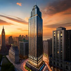AI generated illustration of a modern building during sunset over a large metropolitan skyline