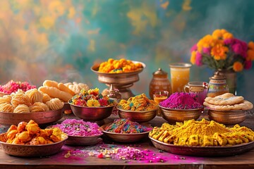 The vibrant array of traditional Holi foods and sweets, set against a festive backdrop, inviting a...