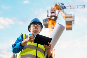 Female site engineer surveyor working with theodolite total station EDM equipment on a building...