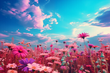 There are many magenta, teal, and orange wildflowers of different colors in a purple meadow. Generative AI.  F008