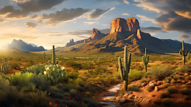 grand canyon state country 3d background image,,
Painting of a desert scene with a stream and cactus trees 