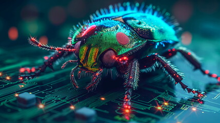 An ornate beetle with glowing circuits stands on a high-tech circuit board, blending natural and digital worlds.