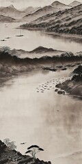 AI generated illustration of an artwork depicting an oriental landscape with a river