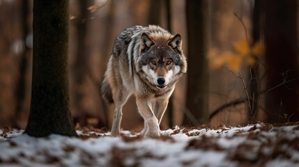 AI generated illustration of A lone gray wolf stands in a forest - obrazy, fototapety, plakaty