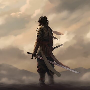 AI-generated illustration of a warrior with swords standing on a hill under a cloudy sky