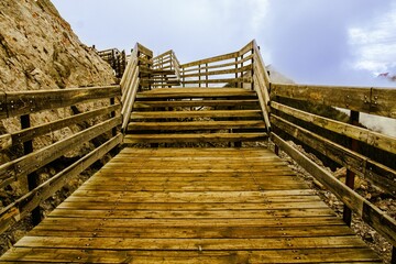 Wooden staircase winding up to the top of the Sulphur mountain, Banff, Canada