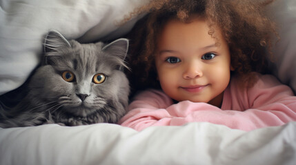 Small child lies on a bed with a cat. Kitten and baby childhood friendship. Baby and cat. Child and Kitten lying together on the bed