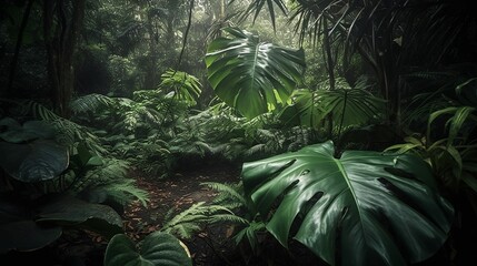 AI-generated illustration of an idyllic tropical jungle with lush green vegetation.