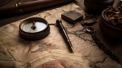 AI-generated illustration of a compass and vintage items on an old map. - obrazy, fototapety, plakaty