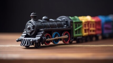 AI generated illustration of a toy train on a wooden table - obrazy, fototapety, plakaty