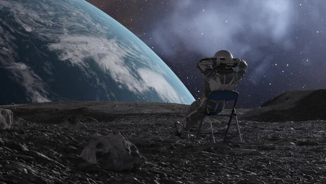 3D animation depicting an astronaut at ease, hands behind head, Earth rising majestically against the cosmos from the moon's surface.