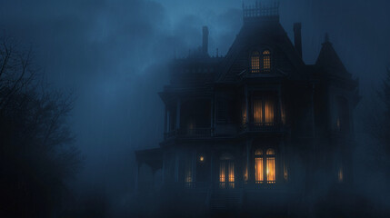 A spooky haunted house with eerie lighting and fog, creating a chilling and atmospheric Halloween scene