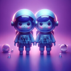 Obraz premium In the image, there are two cartoon-style astronauts standing side by side. They are wearing space suits and helmets, and their eyes are glowing. The background is a gradient of blue and purple. There