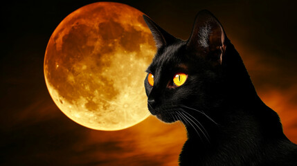 A black cat with bright yellow eyes against a full moon background, embodying the superstitions and folklore of Halloween - obrazy, fototapety, plakaty