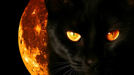 A black cat with bright yellow eyes against a full moon background, embodying the superstitions and folklore of Halloween - obrazy, fototapety, plakaty