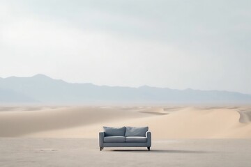 AI generated illustration of a vast, desert landscape featuring a solitary blue sofa - obrazy, fototapety, plakaty