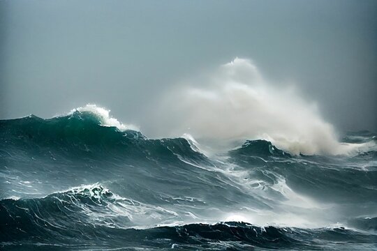 Dramatic landscape featuring a turbulent ocean with waves under a clear sky