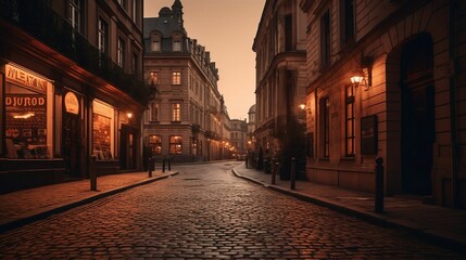 AI generated illustration of an empty cobblestone street illuminated with golden lights