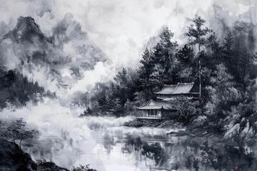Traditional Chinese ink landscape artwork
