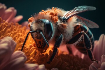 AI generated illustration of a close-up of a honey bee perched on a vibrant flower covered in pollen