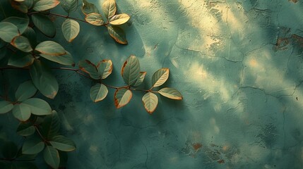 Spring green leaves on retro wall with sun glare