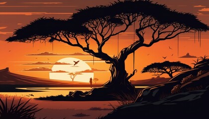 A stunning sunset landscape featuring silhouette of a lone tree with birds flying in the background