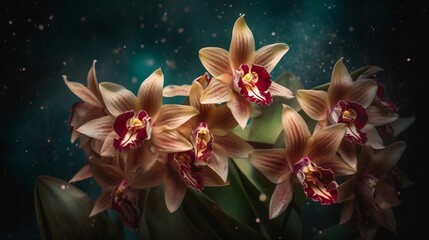 AI generated illustration of orange-hued boat orchids against a mysterious dark backdrop