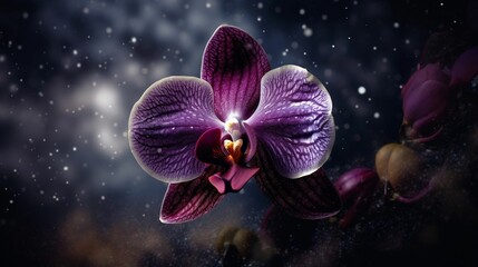 AI generated illustration of a vibrant purple orchid flower against a sparkling dark background