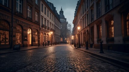 AI generated illustration of an empty cobblestone street illuminated with golden lights
