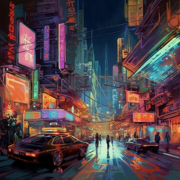 AI generated illustration of a bustling urban street scene at night illuminated by street lamps © Wirestock