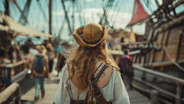 A young girl in a hat on the background of the old sailing ship
