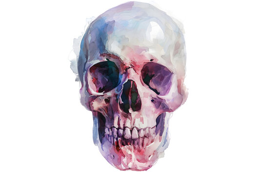 Soft pastel human skull in watercolor style isolated on transparent background