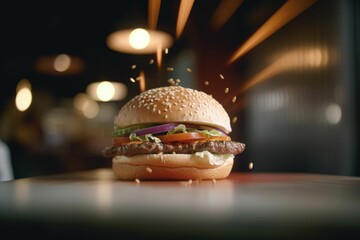 AI generated illustration of a delicious beef burger on the table against a blurry background