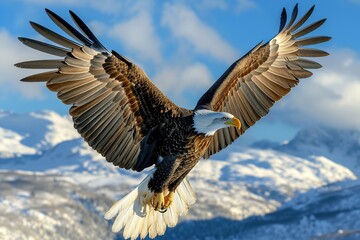 Obraz premium A bald eagle soars with spread wings flying in the sky on winter mountains background