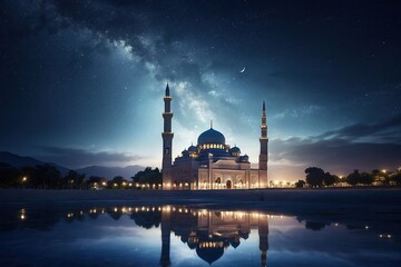 Al Adha Celebration: Mosque at Night for Islamic Festivals AI-Generated