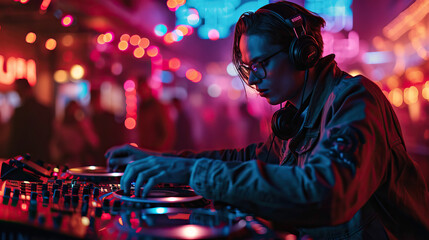 Portrait, A DJ with neon-lit headphones and a digital turntable, performing at a high-tech nightclub with interactive light installations