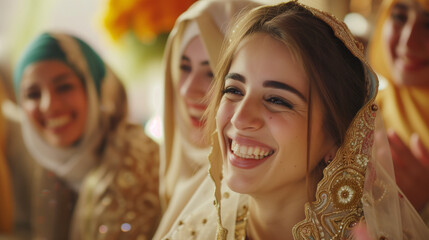 Smiling Muslim women wearing hijabs and festive clothing celebrate Eid al-Fitr