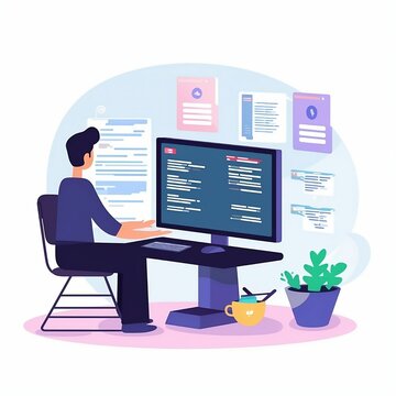 AI generated illustration of A male professional working on a computer, focused on programming code