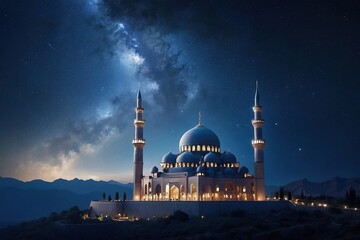 Islamic Background: Mosque at Night for Ramadan Kareem and Eid Mubarak AI-Generated