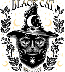 Black Cat Illustration with Florals, Moons and Big Witch Hat on White Background. - 731731738