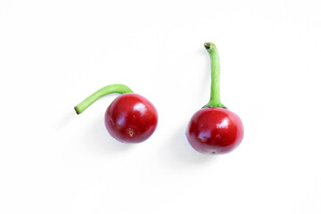 Cherry hot peppers isolated on white background. Red cherry chili peppers side view and top view