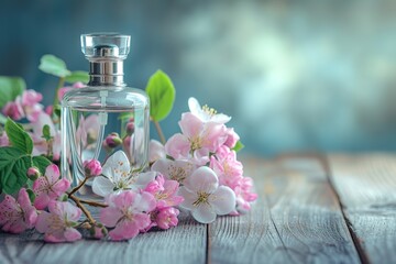 Obraz na płótnie Canvas Perfume bottle with fresh flowers on wooden background