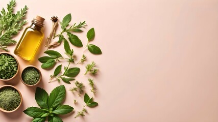 Top view of spices and leaves on pale pink background. Background for presentation of culinary or herbal product. - obrazy, fototapety, plakaty