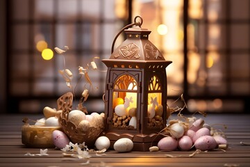 Fototapeta na wymiar A lantern with and candle in the background Islamic celebration and Fitr Adha Muharram Ramadan