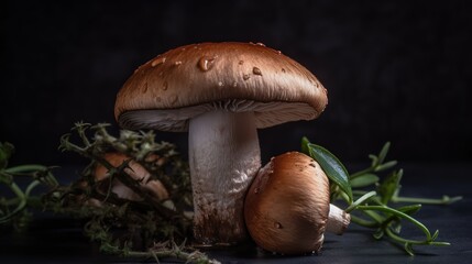 big brown mushroom on a dark rustic background
