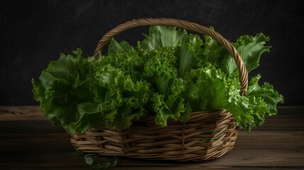 Fototapeta na wymiar AI generated illustration of A basket of fresh lettuce atop a wooden table with a dark background