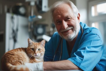 Mature man vet holding cat in vet clinic - obrazy, fototapety, plakaty