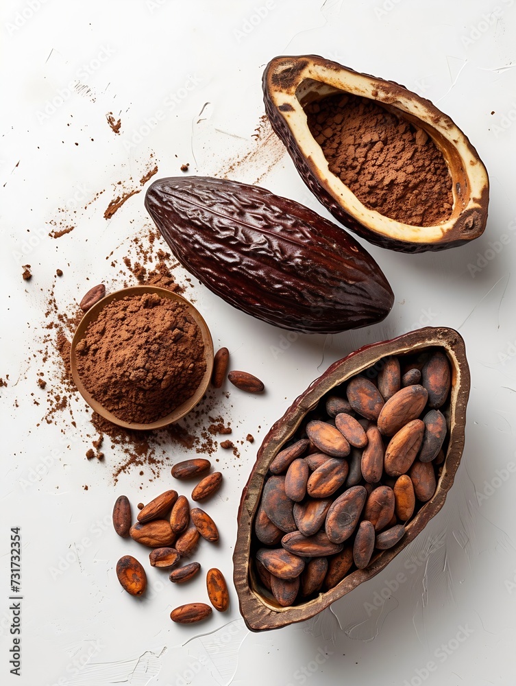Poster Cocoa ingredients with cocoa beans, fresh cocoa pod and cocoa mass isolated on white background. : Generative AI