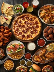 Super Bowl or football theme food table scene. Pizza, hamburgers, wings, snacks and sides. Overhead view on a dark wood background. : Generative AI